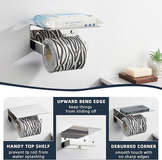 Angle Simple Toilet Paper Holder with Shelf Polished Chrome, 304 Stainless Steel Toilet Tissue Roll Holder Wall Mount - ModernBath