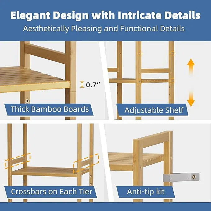 HITNET Tall Narrow Bookshelf, 5 Tier Bathroom Shelf Bamboo, Floor Standing Display Storage Organizer for Small Space, Adjustable Shelves, Natural Wood Bookcase - ModernBath