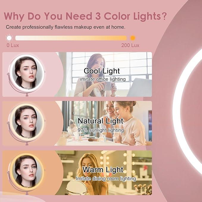 Lighted Makeup Mirror, 3000 mAh Rechargeable Double Sided Magnifying Vanity Mirror with 3 Colors, 1x/10x, 360° Rotation , Brightness Adjustable Magnification Cosmetic Light up Mirror, Women Gift - ModernBath
