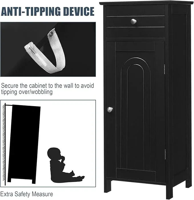 Tangkula Bathroom Floor Cabinet, Wooden Side Storage Organizer, Free-Standing Single Door Floor Storage Cabinet with Large Drawer & 2 Adjustable Shelves for Living Room Kitchen (Black) - ModernBath