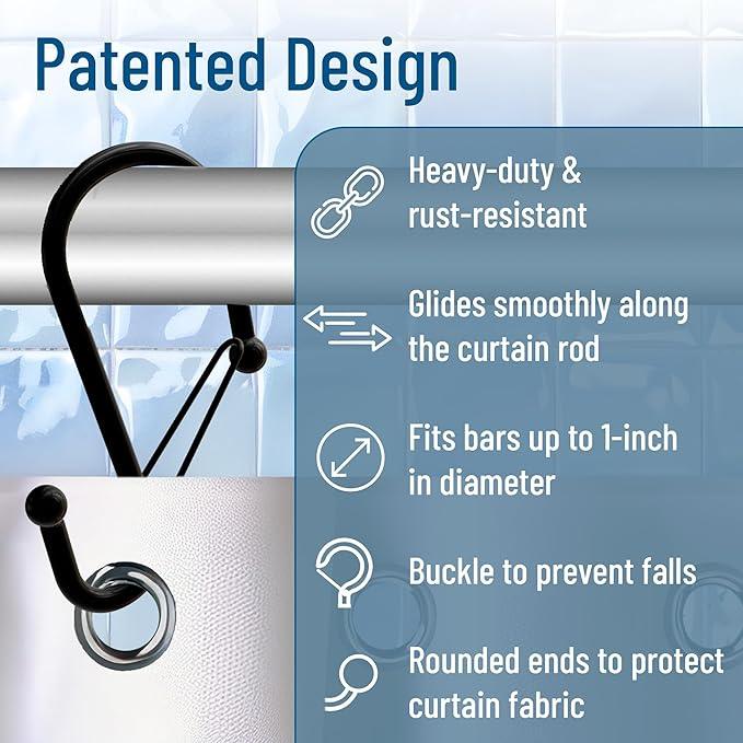Blau Marité Set of 12 Black Metal S Hook Shower Hooks 1” – Closed, Heavy Duty, Long Decorative Shower Curtain Hooks, Easy Glide, Buckle, Large Rust Resistant Rings for Bathroom Rods (Black, S) - ModernBath