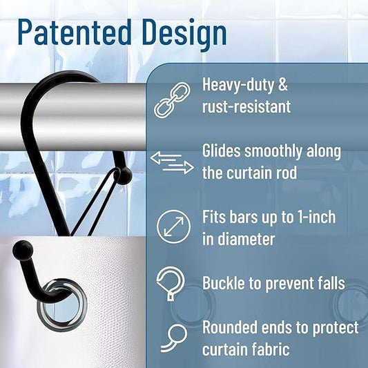 Blau Marité Set of 12 Black Metal S Hook Shower Hooks 1” – Closed, Heavy Duty, Long Decorative Shower Curtain Hooks, Easy Glide, Buckle, Large Rust Resistant Rings for Bathroom Rods (Black, S) - ModernBath