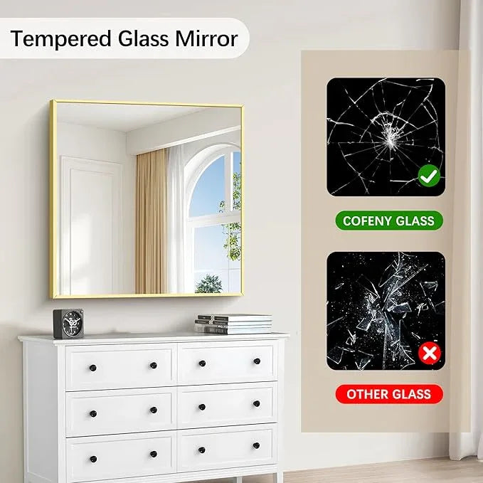 COFENY Gold Bathroom Mirror for Wall, 30x30 Inch Rectangle Mirrors with Metal Frame, Modern Vanity Wall Mirror Decor for Bathroom Living Room, Entryway Hangs Horizontal or Vertical - ModernBath