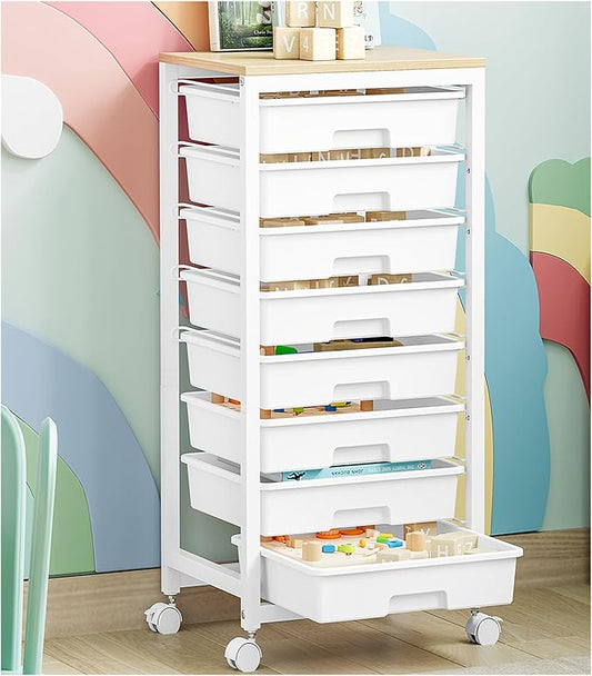 Rolling Cart with Drawers,8 Drawer Rolling Cart,Rolling Drawer Cart,Rolling Storage Drawer Cart,White Rolling Cart,Utility Cart with Drawers and Wooden Tabletop