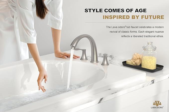 8 inch Widespread Roman Tub Faucet, Lava Odoro Brushed Nickel Tub Faucet with Valve, Solid Brass High Flow 3 Hole Tub Filler, 2 Handle Faucets for Soaking Tub TF405-BN - ModernBath