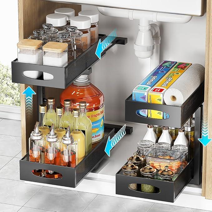 Under Sink Organizer, 2-Tier Pull Out Cabinet Organizer with Adjustable Height, Use in Kitchen Bathroom Cabinet and Countertop Storage, Black, 2-Pack - ModernBath