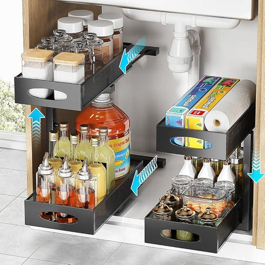 Under Sink Organizer, 2-Tier Pull Out Cabinet Organizer with Adjustable Height, Use in Kitchen Bathroom Cabinet and Countertop Storage, Black, 2-Pack - ModernBath