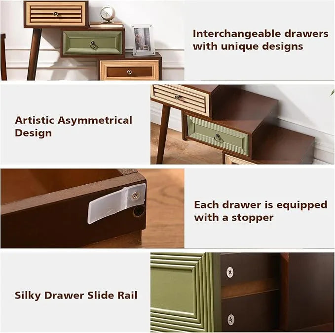 30.5" Vintage Accent Chest with 3 Drawers, Asymmetrical Stacked Design, Multicolored Hand-Carved Decorative Rustic Cabinet, Side Table for Living Room, Entryway, or Small Space - ModernBath