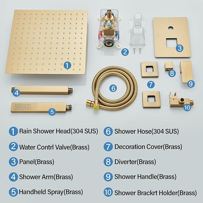 Shower Faucet Set Rain Shower System with 12 Inches Rain Shower Head and Handheld Spray, Bathroom Shower Fixtures Brushed Gold Shower Kit with Brass Valve,Ceiling Mounted - ModernBath