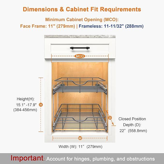 ALINE FURNITURE 2-Tier Pull Out Cabinet Organizer - 11" W x 22" D Soft Close Sliding Shelves with Shelf Liners - Pullout Drawers for Kitchen Cabinets, Pantry, Bathroom, Heavy Duty Steel Wire Baskets - ModernBath
