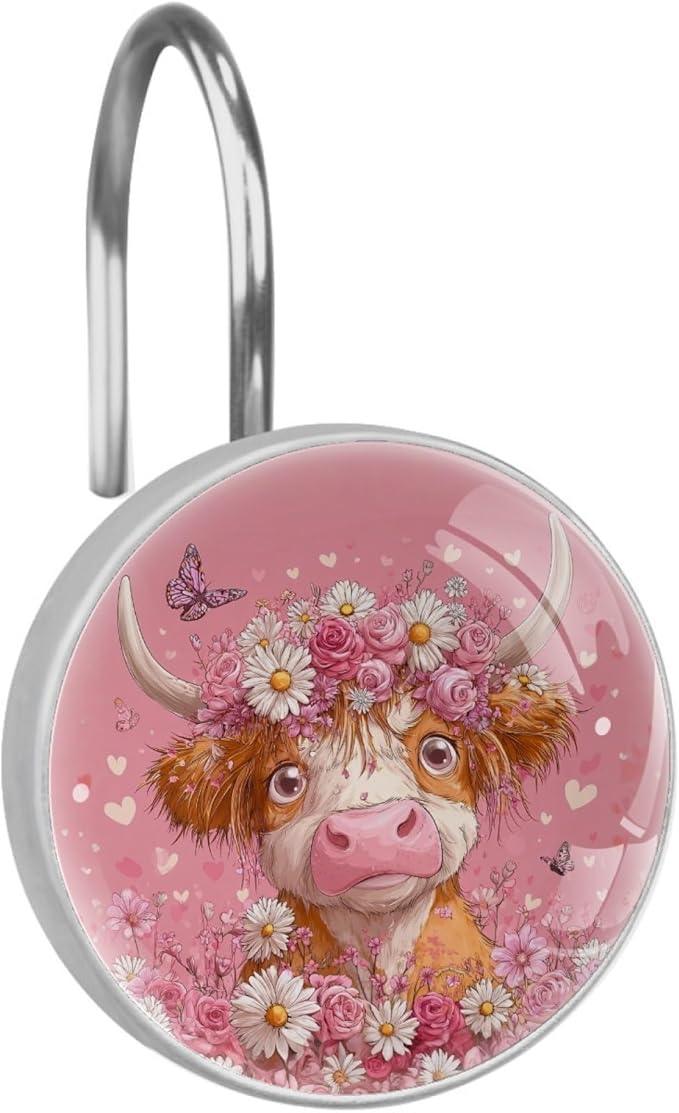 Pink Florals and Highland Cow Rust Proof Shower Curtain Hooks 12Pcs for Bathroom Shower Rod, Decorative Shower Hooks Shower Curtain Hanger Rings Roller, Glass, Resin, Stainless Steel - ModernBath