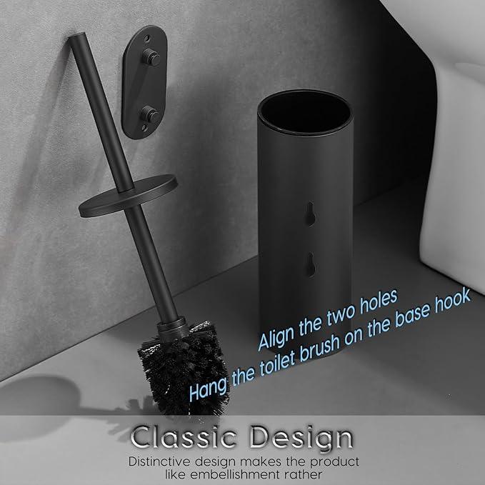 Toilet Bowl Brush and Holder, 304 Stainless Steel No-Punch Hook Base Dual Purpose Toilet Brush Holder with Removable Inner Bucket and Splash Cover - Soft Bristles (Black) - ModernBath