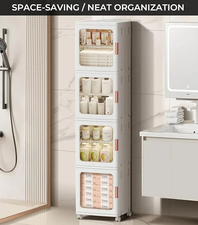 4-Tier Tall Narrow Bathroom Storage Cabinet with Doors and Adjustable Shelves Slim Foldable Cabinets with Wheels Small Spaces Plastic Organizers for Kitchen Laundry Room Bedroom Pantry,White - ModernBath