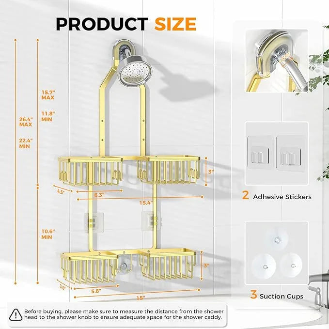 REINHARDT Aluminum Shower Caddy Hanging Adjustable Shower Caddy, Rustproof Hanging Shower Organizer with Hooks Soap Holders, Over Shower Head Caddy for Handheld Showerhead, Gold - ModernBath