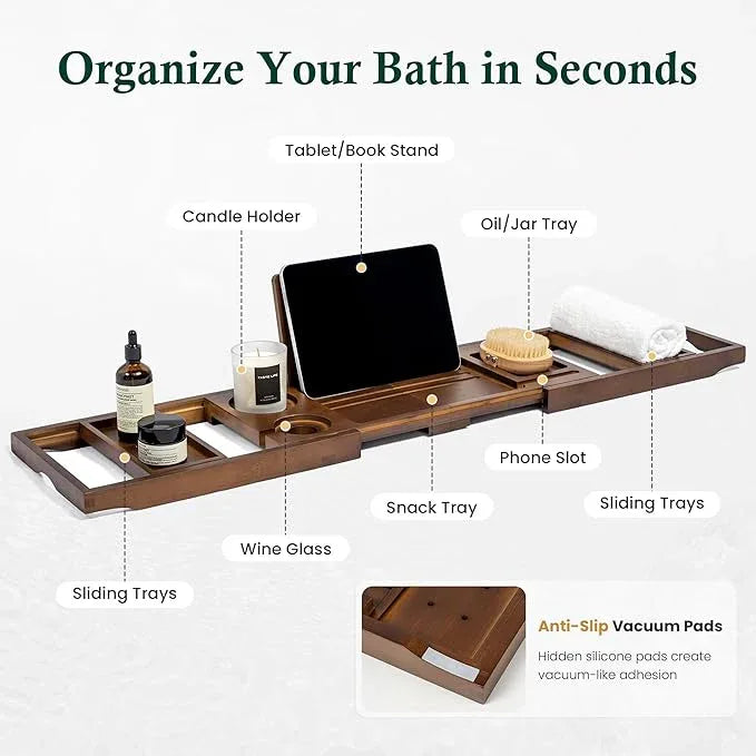 Realgulf Bamboo Bathtub Tray, Bath Caddy with Wine Glass Holder, Phone Dock & Book Stand | Hands-Free Reading & Ultimate Spa Relaxation Experience-Brown - ModernBath