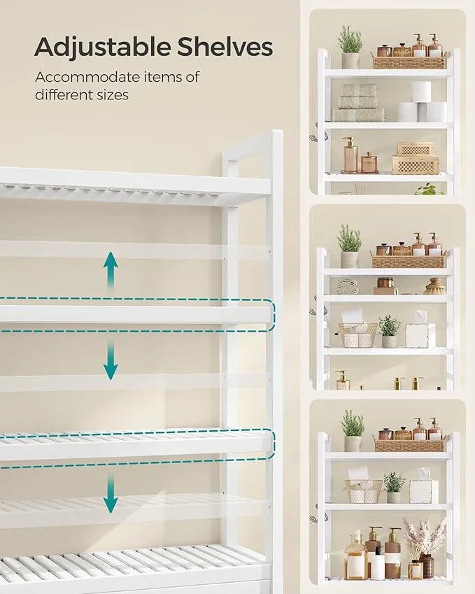 SONGMICS Over The Toilet Storage, 4-Tier Over Toilet Bathroom Organizer with Adjustable Shelves, 10.2 x 24.8 x 72.8 Inches, Space-Saving, Cloud White UBTS041W01 - ModernBath