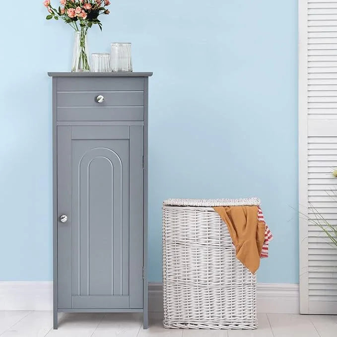 HAPPYGRILL Bathroom Floor Cabinet, Single Door Floor Storage Cabinet Organizer with Drawer and 3-Level Adjustable Shelves, Bathroom Cabinets Freestanding with Anti-Tipping Device for Living Room - ModernBath