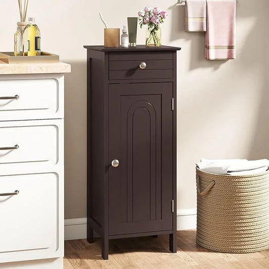 GLACER Floor Storage Cabinet, Multifunctional Freestanding Bathroom Storage Cabinet with 2 Adjustable Shelves, Ideal for Bathroom, Living Room, 14 x 12 x 34.5 inches (Brown) - ModernBath