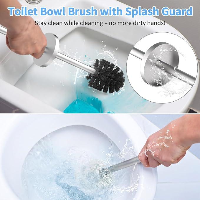 Stainless Steel Toilet Brush and Holder Set Brushed Silver Heavy Duty Toilet Bowl Brush with Long Handle for Bathroom and Farmhouse - ModernBath