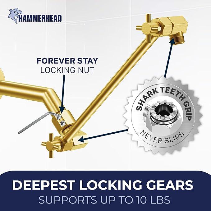 HammerHead Showers Solid Metal 12 Inch Adjustable Shower Head Extension Arm, Raises Showerhead Height, Shower Extender Arm Supports Up to 10 lbs, Brushed Gold - ModernBath