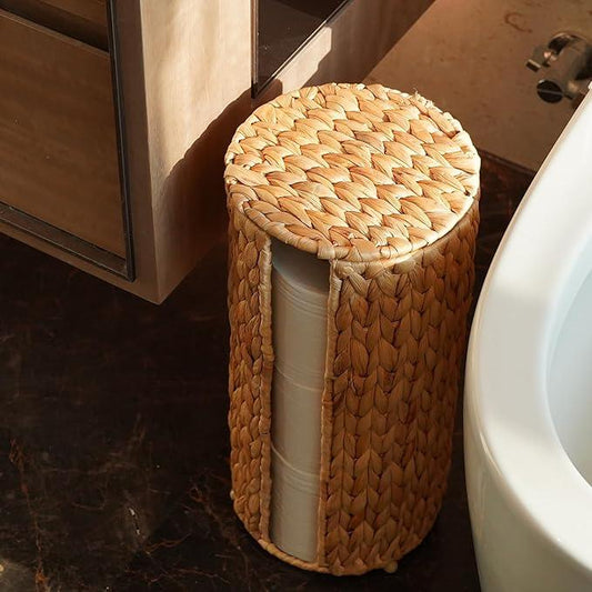 PINXIURY Water Hyacinth Paper Roll Holder, Wicker Toilet Paper Holder Stand for Bathroom, 3 Rolls of Toilet Paper Storage, Toilet Roll Holder Stand for Bathroom and Under Sink - ModernBath