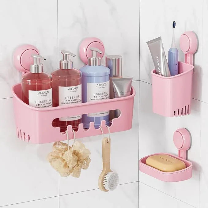 LEVERLOC Shower Caddy Suction Cup Set Shower Organizer & Soap Holder & Toothbrush Holder, Bathroom Shelf Basket NO-Drilling, Removable Suction Storage Waterproof Bathroom Caddy, Pink - ModernBath