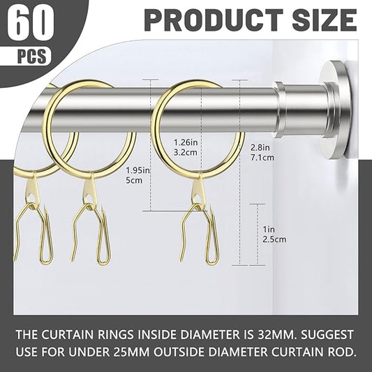 60Pcs Gold Curtain Rings and 60 Pcs Curtain Drapery Pin Hooks,Gold Shower Curtain Hooks for Drapes,32mm Internal Diameter for Window, Shower Curtain