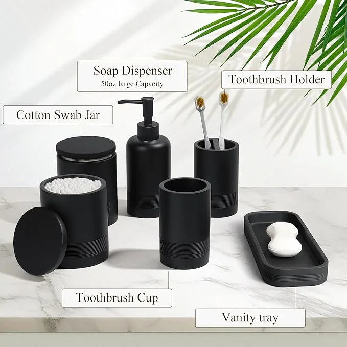 LIN CHUAN 6-Piece Bathroom Accessories Set, Organizer Set with Soap Dispenser, Toothbrush Holder Set, Vanity Tray, Tumbler & 2 Cotton Swab Jars – Modern Stylish Bathroom Storage(Matte Black) - ModernBath