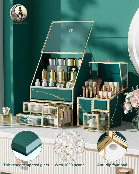 CoralHouse Makeup Organizer Green– Large Vanity Organizer for Skincare, Lipsticks, Perfume & Brushes – Countertop Cosmetic Storage Box for Women, Bathroom or Dresser. - ModernBath