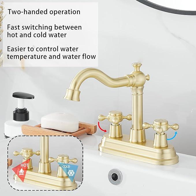 Bathroom Faucet Brushed Gold GGStudy 2 Handles 4 Inches Centerset Bathroom Vanity with Drain Assembly and Supply Hose Lavatory Mixer Double Handle Tap - ModernBath
