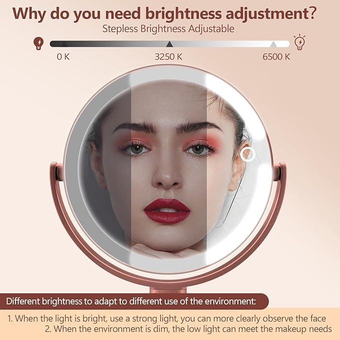 MIYADIVA Makeup Mirror with Lights, 30X Magnifying Mirror with Light and Touch Switch, Vanity Mirror with 3 Color Light and 80 LEDs, Height Adjustable Desk Mirror with Lights, Rose - ModernBath
