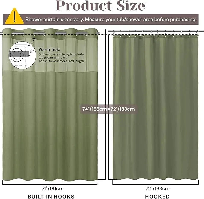 SORTTO No Hook Slub Textured Shower Curtain with Snap in Liner - Sage Green Fabric Outer Curtain & Waterproof Inner Liner, Hotel Style with See Through Top Window, 71x74 in - ModernBath