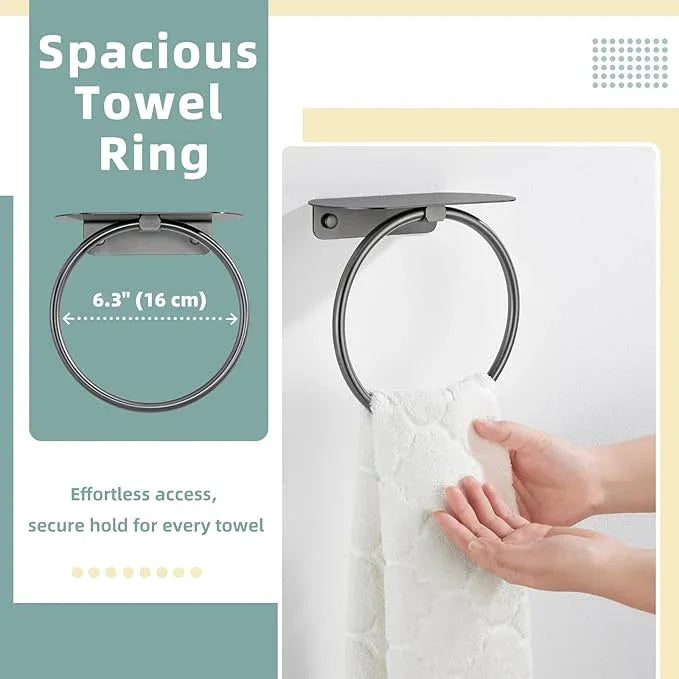 APLusee Gunmetal Gray Towel Ring with Shelf, 304 Stainless Steel Bathroom Towel Holder, Wall Mounted Swivel Loop for Kitchen Shower, Rustproof & Easy to Install - ModernBath