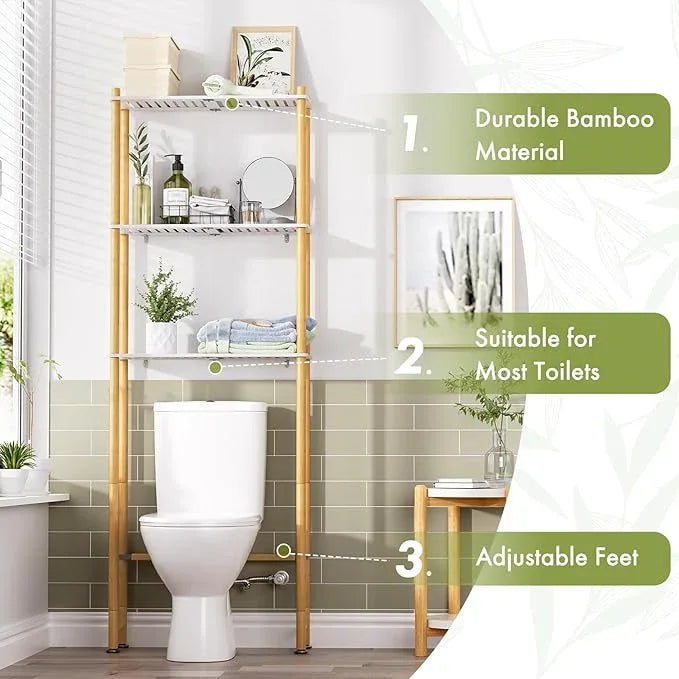 AmazerBath Bamboo Over The Toilet Storage Shelf, Bathroom Storage Organizer Rack, 3-Tier Bathroom Shelves Space Saver, White and Natural Color - ModernBath