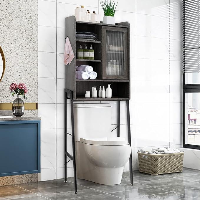 Over Toilet Storage Cabinet for Bathroom, Over Toilet Shelf Organizer, Freestanding Space Saver with Adjustable Shelves, Wide Open Shelf, Acrylic Sliding Door, Metal Frame, Vintage Grey - ModernBath