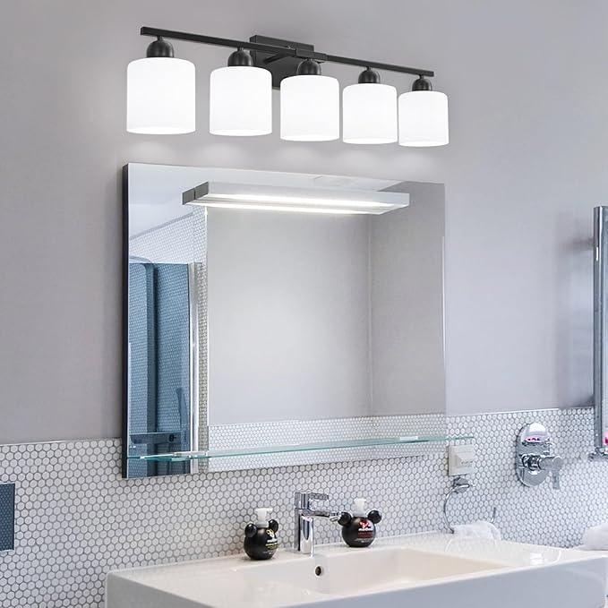5-Light Black Bathroom Vanity Light, Black Vanity Light with Milky White Frosted Glass Shades, Modern Vanity Light Fixture for Bathroom Mirror, Bedroom, Living Room, Hallway, Vanity Table, E26 Base - ModernBath