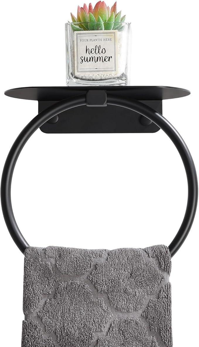APLusee Matte Black Bath Towel Ring with Shelf, Stainless Steel Towel Holder, Wall Mount - ModernBath