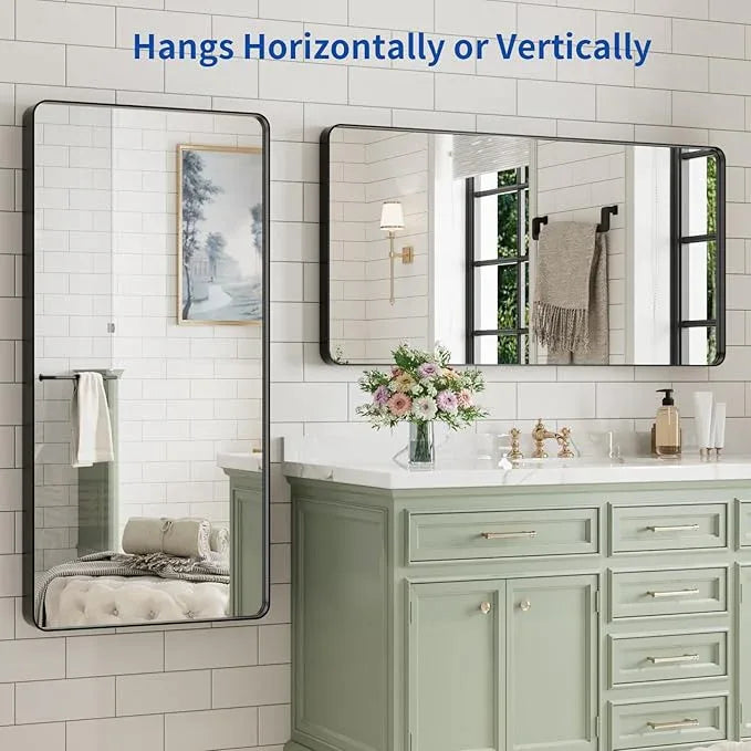 WEER Black Bathroom Mirror for Wall, 48X24 Inch Matte Black Mirror, Rectangular Black Metal Framed Vanity Mirror with Tempered Glass, Rounded Corner, Anti-Rust (Horizontal/Vertical) - ModernBath