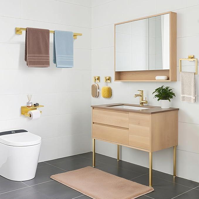 TURS Brushed Gold 5 Pieces Bathroom Hardware Set, SUS304 Stainless Steel 23.6 Inch Bath Towel Bar Set, Square Bathroom Accessories Kit Wall Mounted - ModernBath