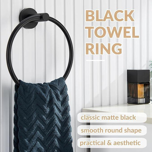 APLusee Matte Black Towel Ring Wall Mounted, Hand Towel Holder for Bathroom, Solid Stainless Steel Round Wall Hanger - ModernBath