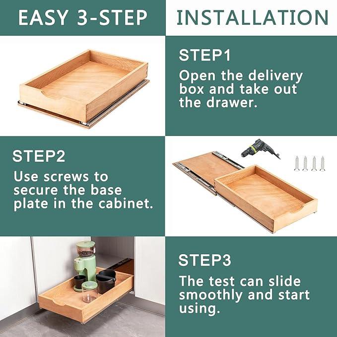 Pull Out Drawers for Kitchen Cabinets, Fully Assembled Wood Cabinet Pull Out Drawer, Pull Out Cabinet Organizer, Fast and Easy DIY Installation, 16”W x 21”D - ModernBath
