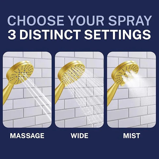 HammerHead Showers® Solid Metal 3-Spray Handheld Shower Head with Long Hose and Holder - BRUSHED GOLD - WIDE, MASSAGE, and MIST Sprays - 1.8 GPM Low Flow Handheld Showerhead - Water Saving Shower Head - ModernBath
