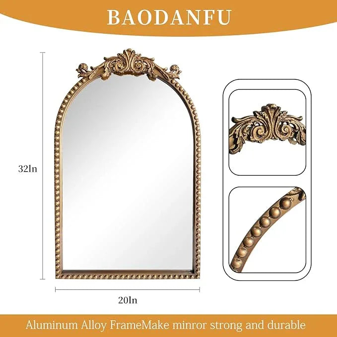 BAODANFU Arendahl Traditional Vintage Arch Mirror, 20" X 30" Baroque Ornate Accent Wall Mirrors Decorative Beaded Frame for Bathroom Sink, Entryway, Bedroom Vanity, Over Mantel Fireplace Wall Decor - ModernBath