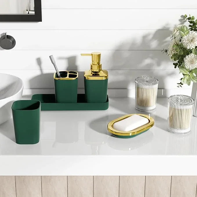 XLHOMO Dark Green Bathroom Accessories Set, Green and Gold Bathroom Accessories with Trash Can, Soap Dispenser, Soap Dish, Toothbrush Holder and Q-tip Holders - ModernBath