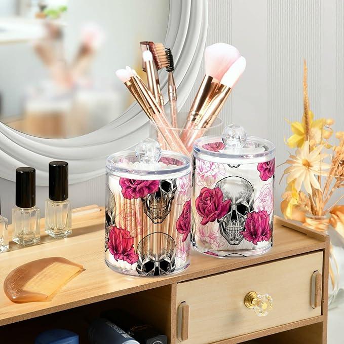 BOENLE 2 Pack Qtip Holder Dispenser Skull Rose Flower Bathroom Storage Canister Lid Acrylic Plastic Apothecary Jar Set Vanity Makeup Organizer for Cotton Swab/Ball/Round Pads, Floss - ModernBath