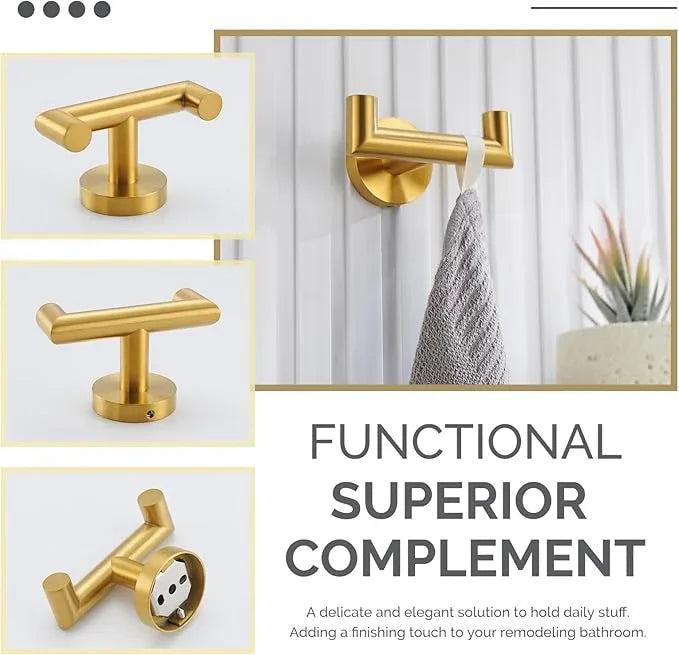 Angle Simple Bathroom Double Hook Brassy Gold, SUS304 Stainless Steel Bath Towel Holder, Double Robe Hanger Wall Mount - ModernBath