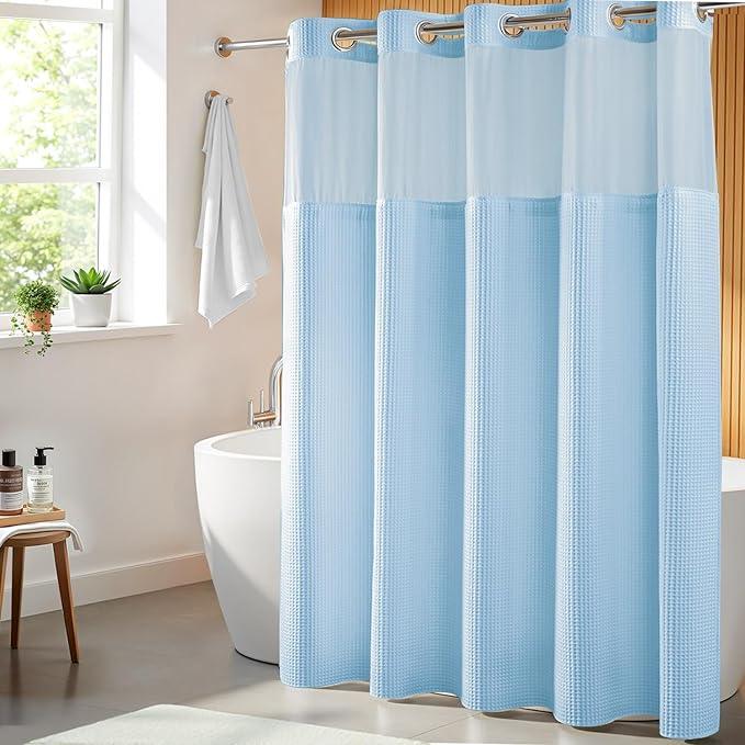 River Dream Sky Blue Fabric Shower Curtain Set, Cotton Blend, Waffle Weave, with Snap in Replacement Liner，71 x 74 inches - ModernBath
