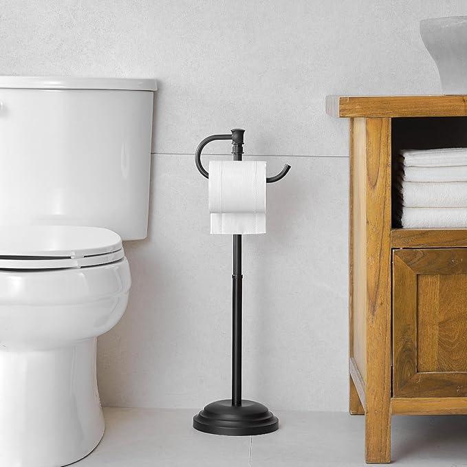 RUMOSE Toilet Paper Holder Stand for Floor,Matte Black Adjustable (12.4" to 22.8") Bathroom Toilet Tissue Holder, Free Standing Toilet Paper Roll Holder with Storage, Stainless Steel - ModernBath
