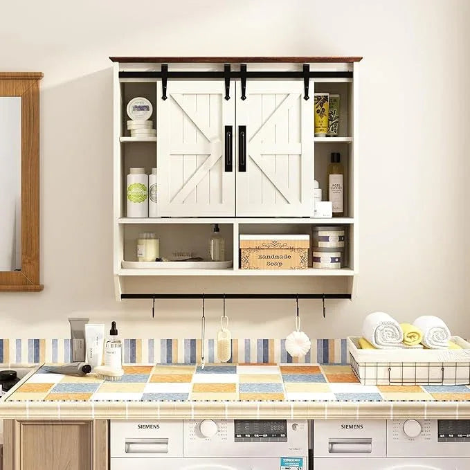 RUSTOWN Farmhouse Bathroom Wall Cabinet,3-Tier Rustic Wood Wall Mounted Cabinets,Vintage Medicine Cabinet with Sliding Barn Door and Adjustable Shelves,Over The Toilet Storage Cabinet (Vintage White) - ModernBath