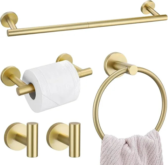5 Pieces Brushed Gold Towel Bar Set, Upgraded Round Bathroom Hardware Accessories Set, Toilet Paper Holder Towel Holder Set for Bathroom Stainless Steel Wall Mounted 23.6Inch - ModernBath